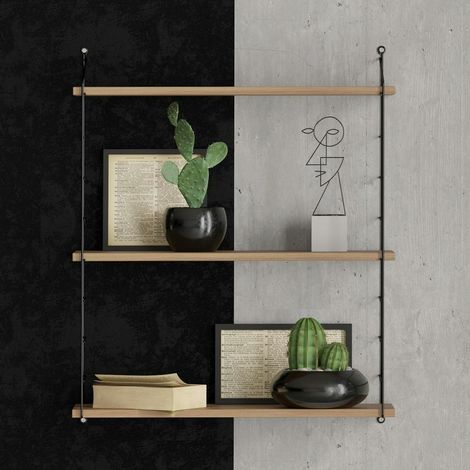 Étagère murale décor bois noyer et métal noir 3 plateaux JENA