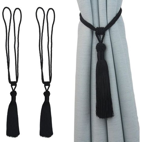 Juego de 2 alzapaños de cortina de cuerda hechos a mano con borlas para decoración del hogar y la oficina (Negro, 2) -Crezuo