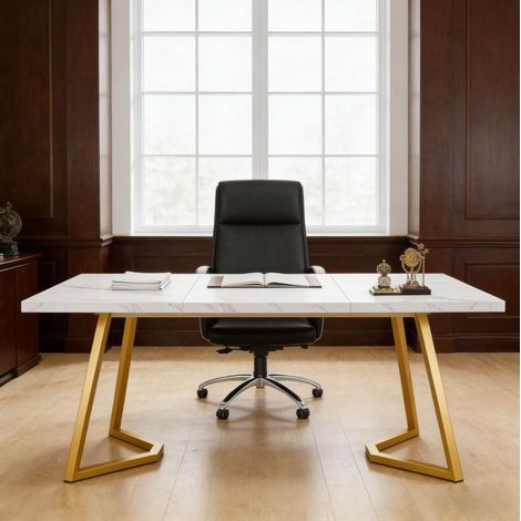 Schreibtisch aus Holzwerkstoff und Metall in Weiss-Gold, modern, mit verstellbaren Fussen,140x80x75cm (1/5)