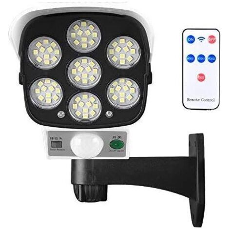 Lampe solaire d'extérieur avec détecteur de mouvement sans fil et caméra de sécurité factice IP66 étanche 77 LED lampe murale spot pour cour, jardin, terrasse, garage, allée,-- (1/5)