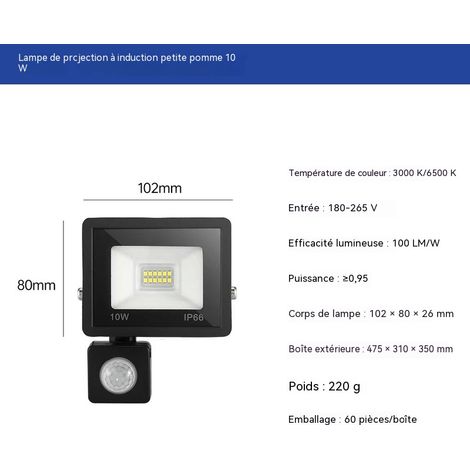 RCBBETT ZA SAS – Projecteur LED à détecteur 10W – Blanc froid 6000K – IP65 – Économie d'énergie jusqu'à 80% – Installation directe 220V