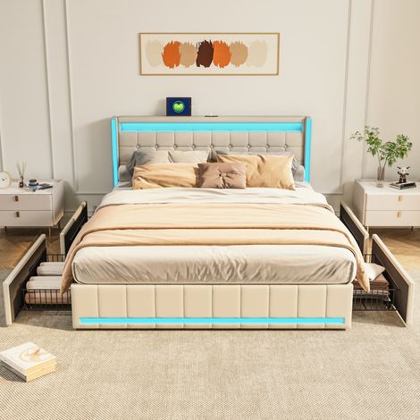 Letto matrimoniale con cassetti 140x190cm, tessuto di lino, con 4 cassetti e porta di ricarica, illuminazione a LED, rete a doghe in legno, giroletto, letto per adulti scandinavo - Beige (1/5)