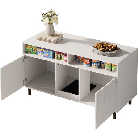 Katzenklo Schrank mit 2 Türen, Ablage und Offenen Fächern, aus MDF, 120×50×66 cm, Weiß (1/5)