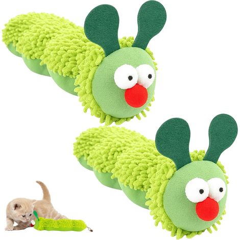 Lot de 2 coussins d'herbe à chat en forme de chenilles vertes - 22 cm - Jouet doux pour chat (1/5)
