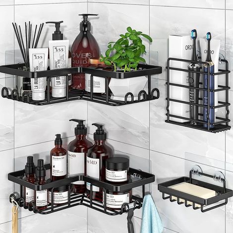 TRADE SHOP - Set 4pz Mensole Portaoggetti Angolari Portasapone In Acciaio Autoadesivo Per Bagno Doccia -