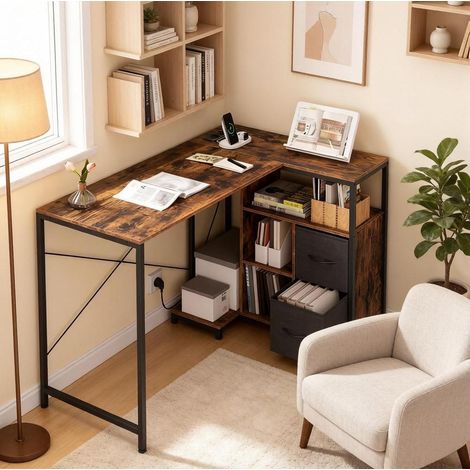 MEUBLIV Bureau d'angle réversible 120x80x76 cm marron vintage avec prises et rangements (1/4)