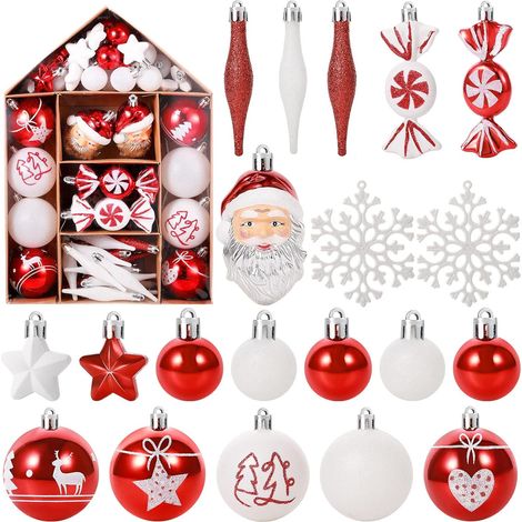 Set mit 70 verschiedenen dekorativen Weihnachtskugeln mit Schlaufen zum Aufhängen am Weihnachtsbaum (rot, weiß, bonbonfarben)