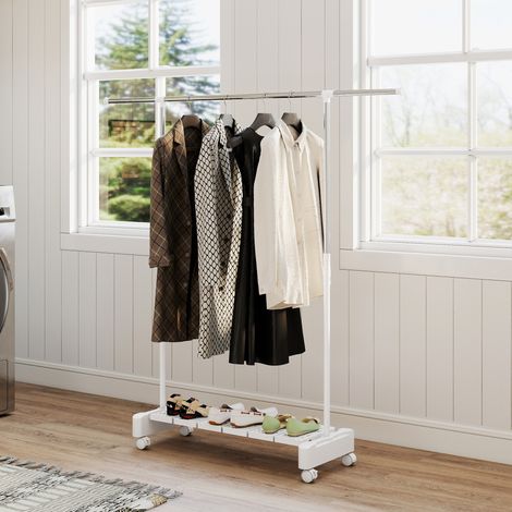 Secador vertical extensible con tendedero y soporte para zapatos blancos