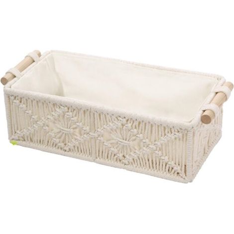 Panier de rangement tressé en coton blanc, style bohème, dimensions 30x14x10 cm, lot de 2, idéal pour bureau et décoration naturelle.
