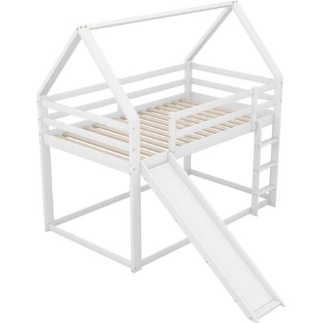 Lit cabane surélevé enfant avec toboggan et échelle, blanc, 90 x 200 cm (1/5)