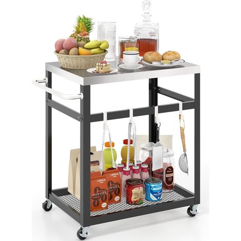 2-tier Outdoor Grill Cart on Wheels Pizza Oven Stand Trolley Stainless Steel Top (1/5)