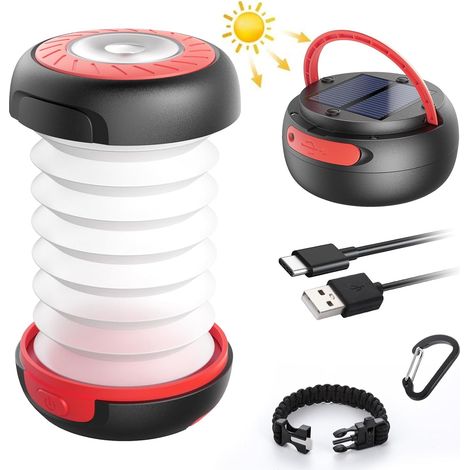 2-in-1 Rechargeable Folding Solar Camping Lantern, Outdoor Folding Pocket Telescopic Lamp with USB Cable, 3 Brightness Levels, 800mAh Battery, 12H Max Battery Life for Hiking