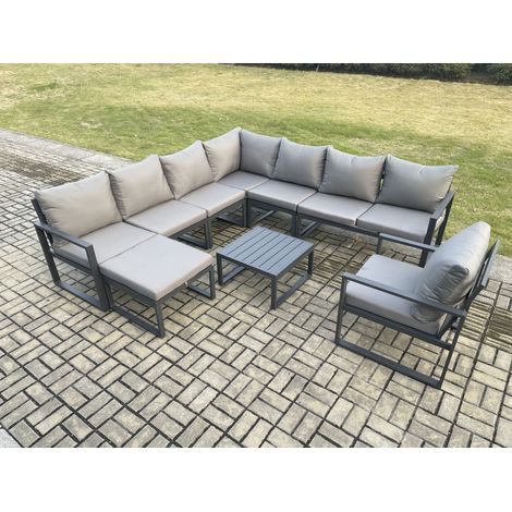 Fimous Outdoor Garden Furniture Patio Lounge Corner Sofa Aluminium Set with Square Coffee Table Big Footstool Chair Dark Grey (1/5)