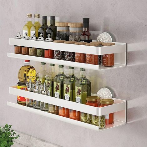Porte-épices Murale Lot de 2 Étagère à Épices Murale Sans Perçage 30cm Porte-Épices en Métal Étagère de Rangement de Cuisine pour Épices, Canettes, Pots (1/5)
