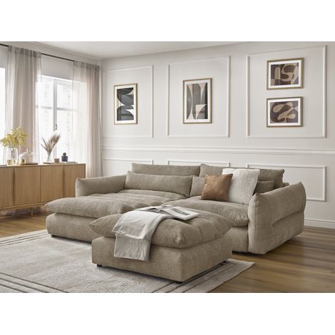 BOBOCHIC - Canapé d'angle fixe NEIL tissu texturé avec pouf Angle gauche Taupe (1/5)
