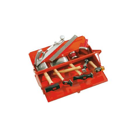 Coffret de tôlier 10 outils en acier, dont 5 emmanchés bois : tas, marteaux, batte à planer, table plate et maillet plastique – usage professionnel (1/4)