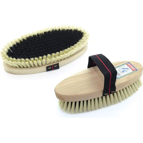 Spazzola per cavalli con dorso in legno setole morbide e fascia in tessuto