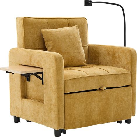 Fauteuil convertible 2-en-1 avec rangement, tablette latérale et coussin - Chenille jaune moutarde (1/5)