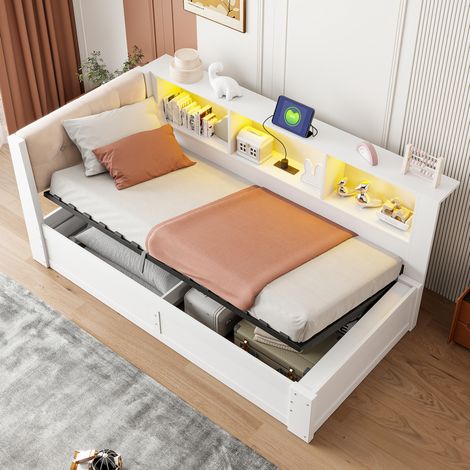 Cama con baúl 90x200 cm en madera blanca con estante de 3 niveles, LED y puertos USB, sin colchón (1/5)