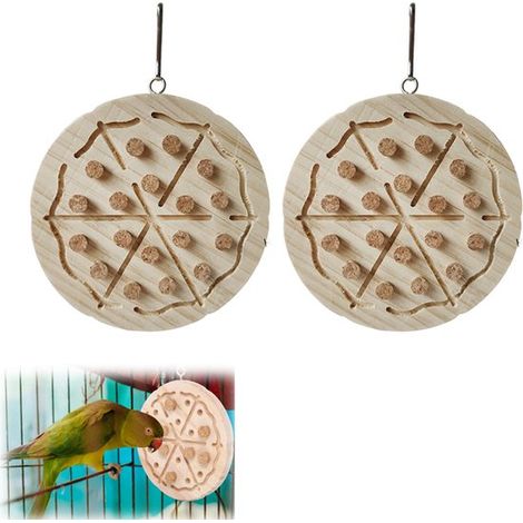 Lot de 2 jouets pour perruches - Jouet à mâcher - Jouet à suspendre - Plateau de recherche de nourriture rond de 13 cm avec bouchons en liège - pour perruches ondulées, conures et autres oiseaux - en (1/5)