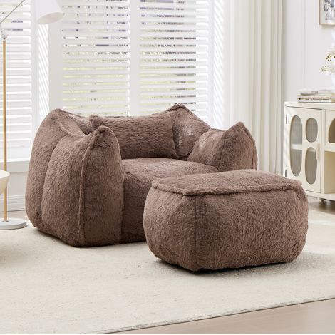 Fauteuil en fausse fourrure kaki avec repose-pieds HAVRYA (1/5)