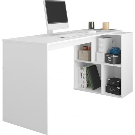 Beaux Meubles Pas Chers – Bureau droit blanc 160 cm avec rayonnage 4 niches – Bois certifié FSC – Meuble réversible pour aménagement flexible (1/5)