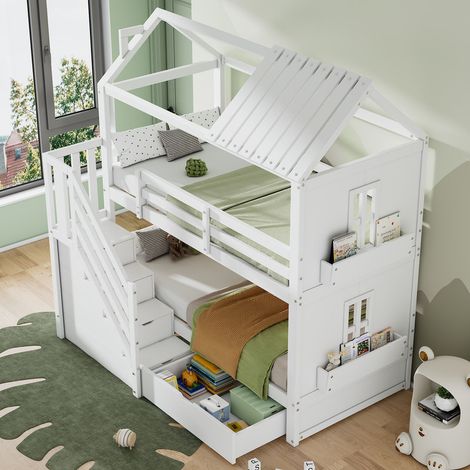 Lit superposé enfant 90 x 200 cm,lit enfant multifonctionnel avec escalier de rangement,tiroirs et étagères,très grand espace de rangement,blanc (1/5)