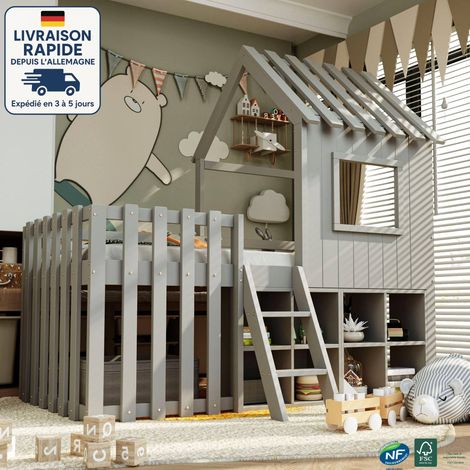 Cama alta 90x200 cm - Cama infantil 90x200 cm - Con techo y ventanas, con compartimento de almacenaje abierto - Madera con certificación PEFC - Gris (1/5)