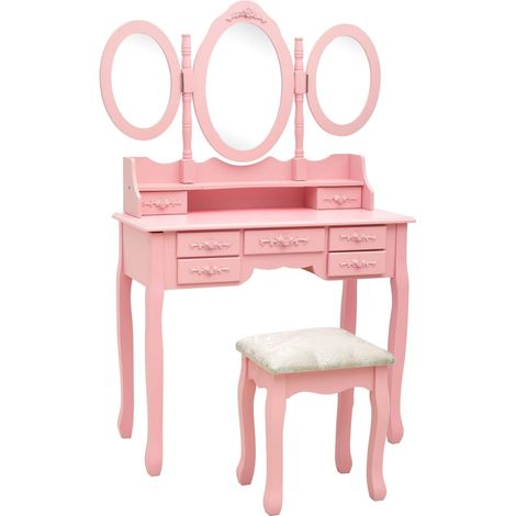 vidaXL Dressing Table with Stool and Tri-Fold Mirror Pink