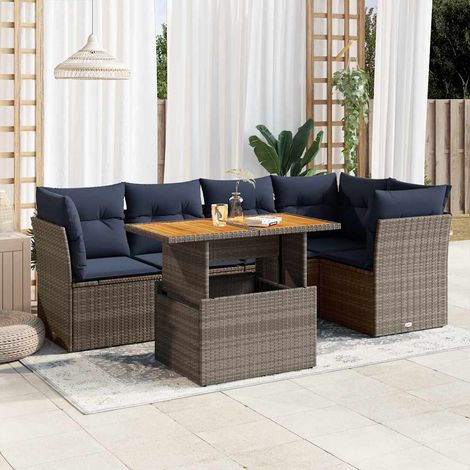 Ensemble de jardin 6 places avec rangement Salon extérieur résine tressée gris Table extensible bois d'acacia 5 coussins bleu marine lavables (1/5)