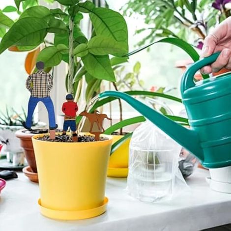 Lot de 3 pots décoratifs pour plantes, décoration de jardin extérieur, tuteurs en bois représentant un père et son chien pour pots de fleurs, pour jardins extérieurs, terrasses et allées. (1/3)