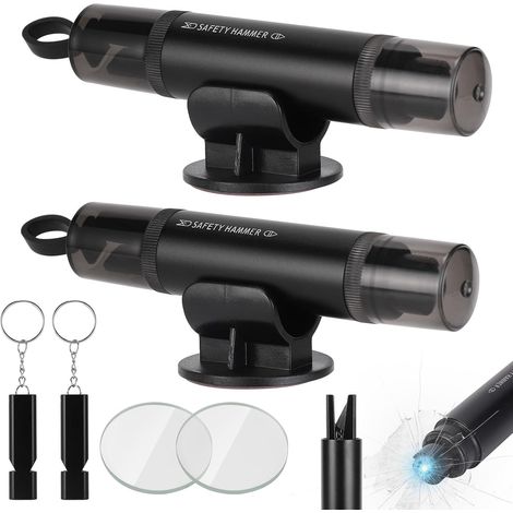2Pcs Coupe Ceinture Brise Vitre Voiture Marteau Casse Hammer Glace Sécurité pour Auto 2 en 1 Outils d’Évacuation Sauvetage d'Urgence en Acier Tungstène avec 2 Socle, 2 Verre de Test et 2 Sifflet (1/5)