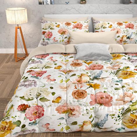 Couette d'hiver pour lit Double Face, Couleur Unie et Impression numérique Florale 06 Blanc, 100% Microfibre hypoallergénique, fabriquée en Italie (1/2)
