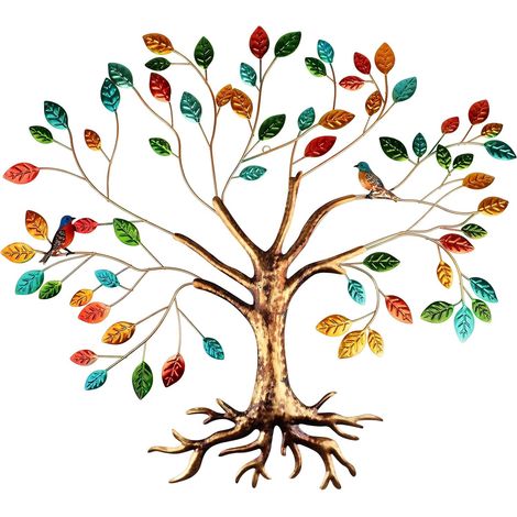 55x66CM Décoration Murale en Métal Arbre de Vie Décoration Murale Suspendue Art de l'arbre de Avec Feuilles Colorées et ColibrisVie pour Salon Chambre à Coucher le Jardin Maison (Life Tree) (1/5)