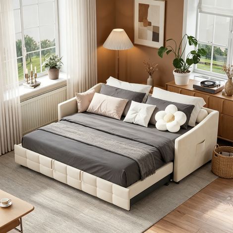 JOOKGBD-Schlafsofa 90x200 cm,Doppelbett,Schlafcouch Polsterbett Ausziehbar mit Gästebett,Multifunktionsbett,Schlafsofa mit Ausziehbett für Schlafzimmer,Wohnzimmer,Samt,ohne Matratze,Beige