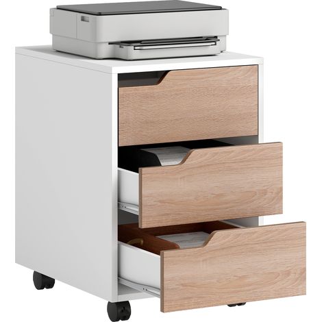 Cassettiera mobile da ufficio, mobile contenitore per ufficio su ruote, 3 cassetti, 40x50x57,5 cm, bianco e rovere