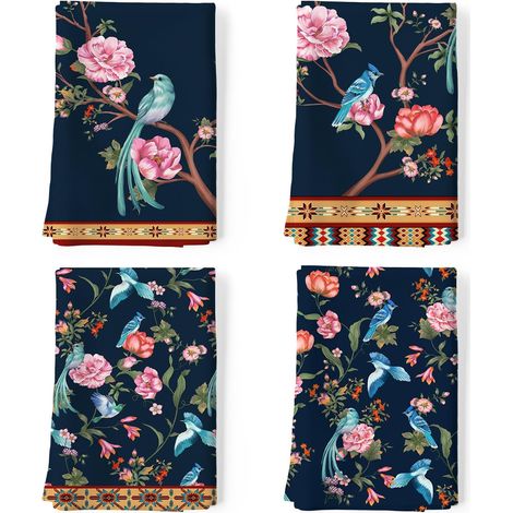 Torchons De Cuisine Coton Vaisselle Lot de 4, Serviettes de Cuisine Torchon Vaisselle 100% Coton avec Accroche Très Absorbant Serviettes de Bar 48 x 70CM Fleurs Et Oiseaux RéTro (1/5)