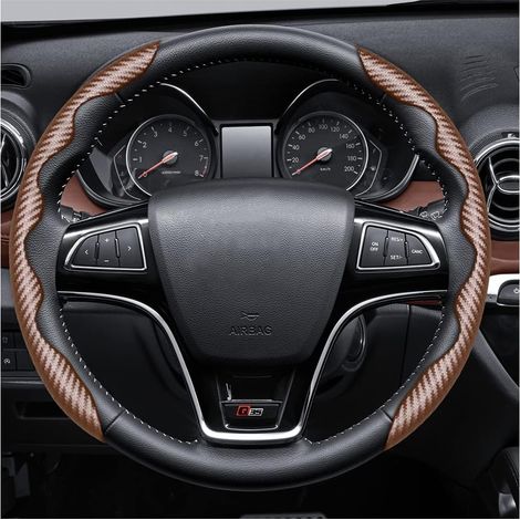 Couvre Volant Antidérapante en Fibre de Carbone pour Voiture, Housse Universelle Pro, Respirante et Antidérapante(Marron) (1/5)
