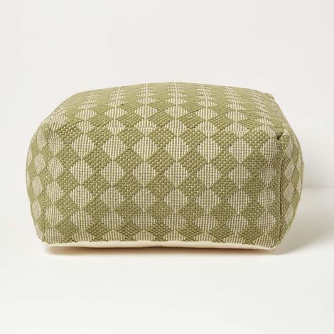 HOMESCAPES Lima Handwoven Textured Green Pouffe Bean Cube