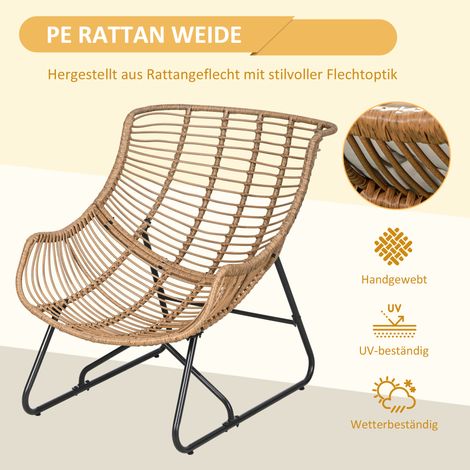 Salon de jardin, effet rotin, fauteuil extérieur, avec coussin, structure métallique, 75x101x90 cm, Naturel/Kaki/Noir (1/5)
