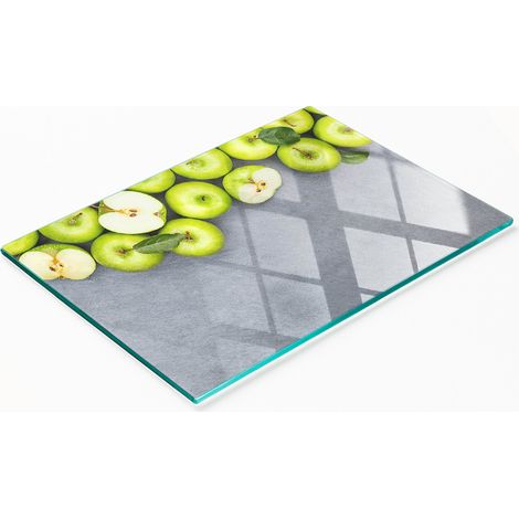 Tabla decorativa de cristal para servir aperitivos con dise帽o de manzanas verdes, 80x52 cm.