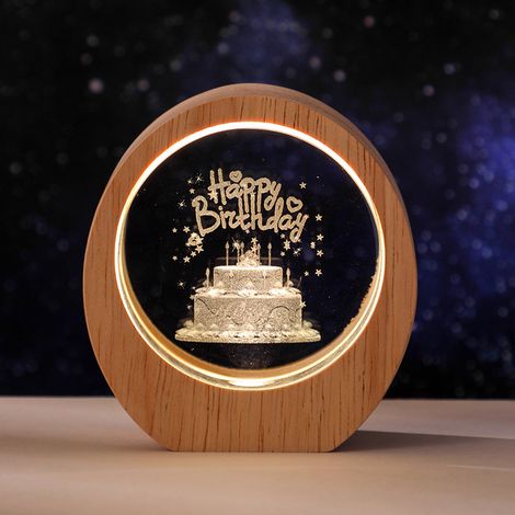 Gâteau d'anniversaire anglais, cadre rond en bois, veilleuse planétaire, sculpture 3D, cristal lumineux, décoration de b (1/5)