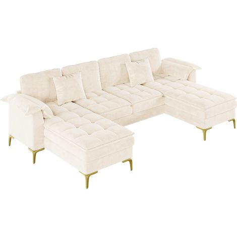 Sofá modular esquinero en U de 4 plazas de chenilla beige con 2 chaise longues y patas doradas (1/5)