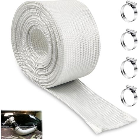 Gaine Haute Temperature 25MM Gaine Isolante Thermique 250CM Fibre de Verre Gaine Electrique Flexible Echappement Gaine Isolante Climatisation pour Tuyau D'échappement avec 4 Clips (Blanc) (1/5)