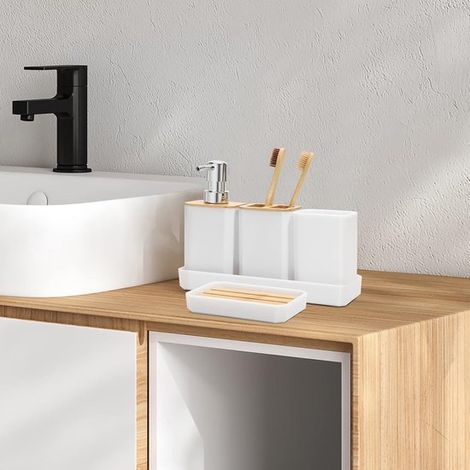 Accesorios de baño (juego de 5 piezas) - Dispensador de jabón y portacepillos de dientes - Estilo bohemio moderno - Blanco (1/4)