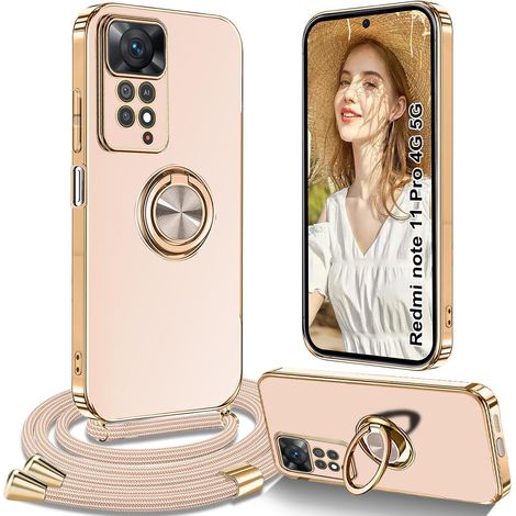 Coque pour Xiaomi Redmi Note 11 Pro avec Cordon, Coque pour Redmi Note 11 Pro avec Collier Silicone Housse 360° Voiture de Bague Magnétique Antichoc Étui avec Cordon Réglable Case Cover, Rose (1/5)