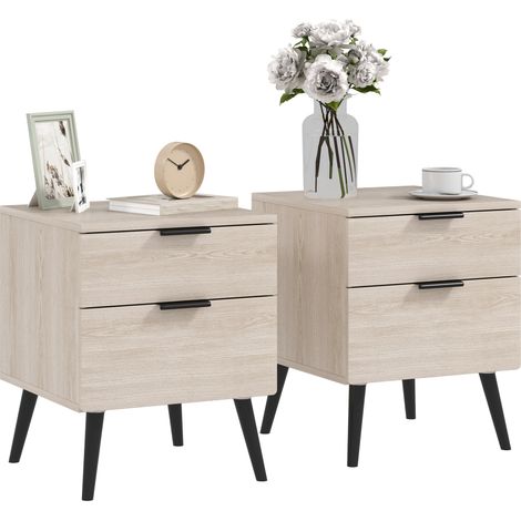 Homcom – Lot de 2 tables de chevet – Style nordique moderne – Finition chêne – Tiroirs à deux niveaux – Pieds en bois massif – 40x40x50 cm