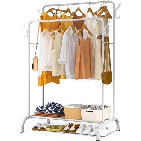 TrAdE Shop Traesio - Stand Appendiabiti Attaccapanni Con Doppia Barra Ripiano Ganci Laterali In Metallo 73207 - Bianco (1/5)