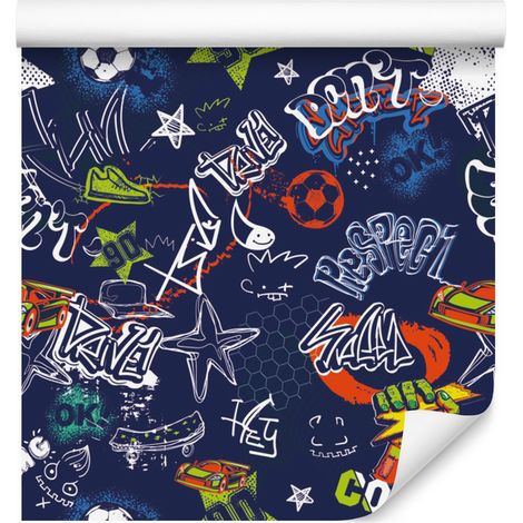 Carta da parati con graffiti di auto e palloni da calcio per soggiorno e camera da letto 50x1000 cm (1/5)