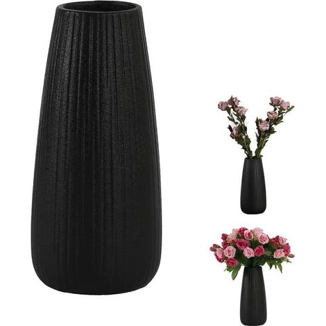 Vase à fleurs noir, en céramique, vase pour herbe de pampa, vase noir pour décoration de bureau à domicile table - 22,5x5,8 cm (1/4)